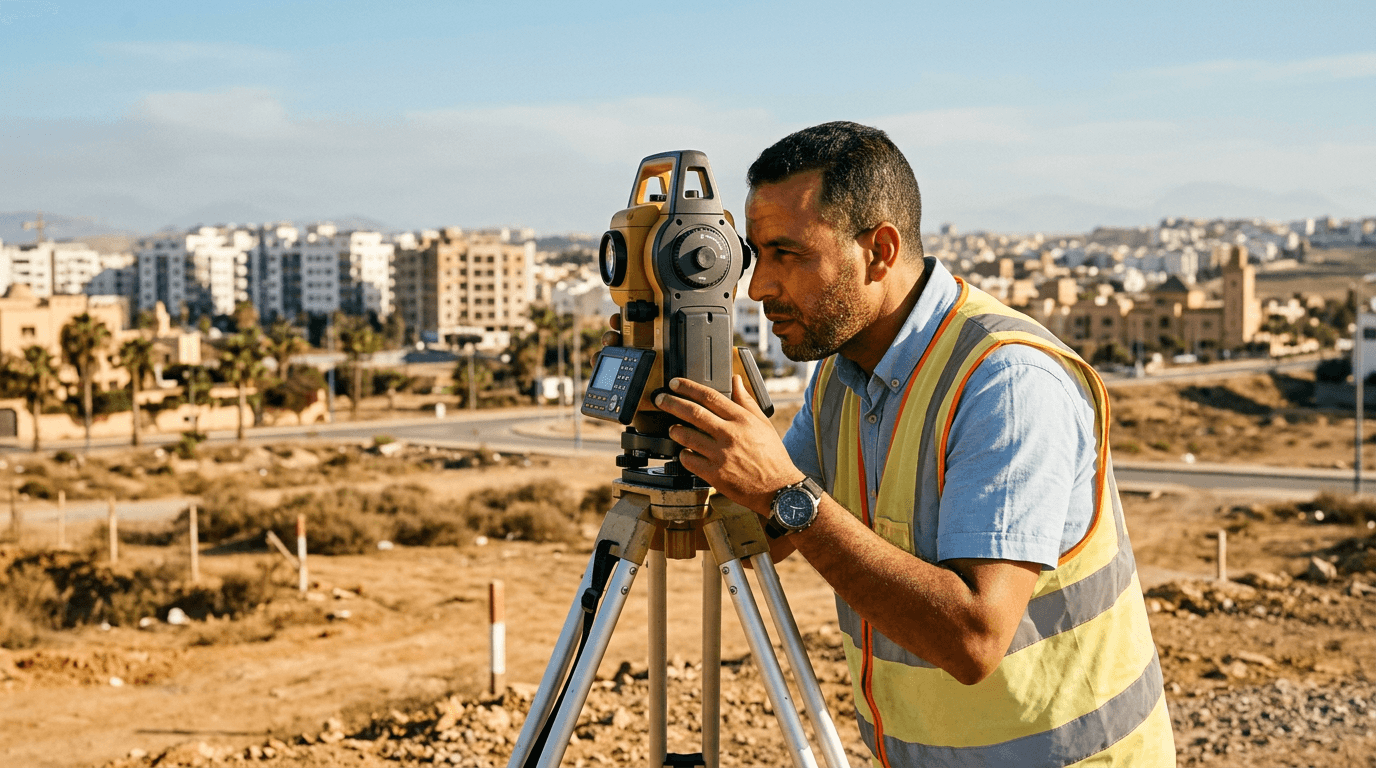 Ingénieur géomètre-topographe utilisant une station totale sur trépied lors d'un relevé de terrain au Maroc